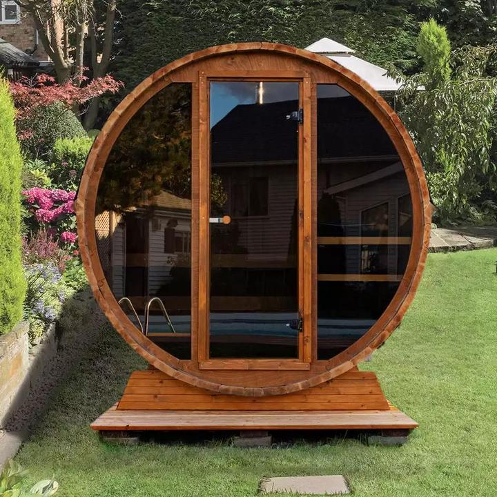 Factory Supply Panoramic Barrel Sauna Wooden Outdoor Canada Red \/hemlockComputer Wood Windows Style