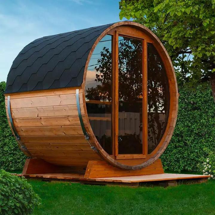 Factory Supply Panoramic Barrel Sauna Wooden Outdoor Canada Red \/hemlockComputer Wood Windows Style